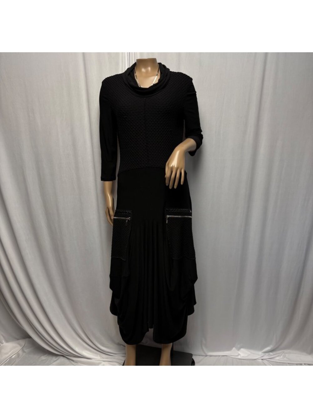 Joseph Ribkoff Black Draped Midi Dress Womens Size 4 Cowl Neck Textured Designer